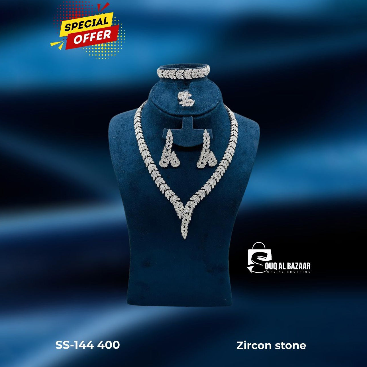 Zircon Stone Jewellery Bridal Set - Necklace, Bracelet, Earrings & Ring for Women.