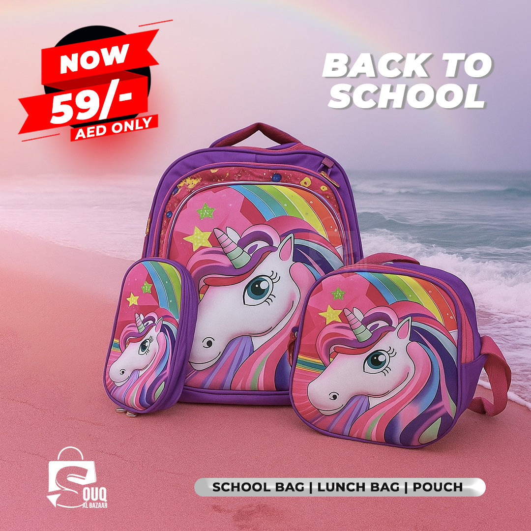 Princess Unicorn Backpack 3pcs Set Kid Child Schoolbag Pencil case Lunch bag