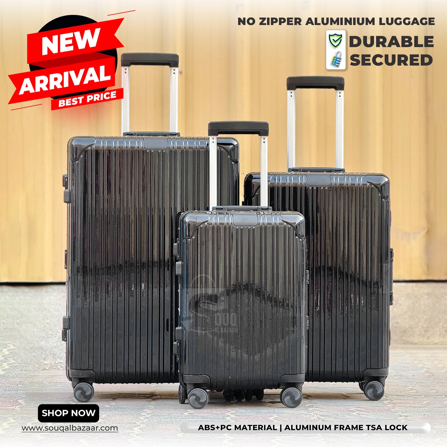 Luxury Aluminum Frame PC Luggage Bags 360° Double Spinner wheels No Zipper