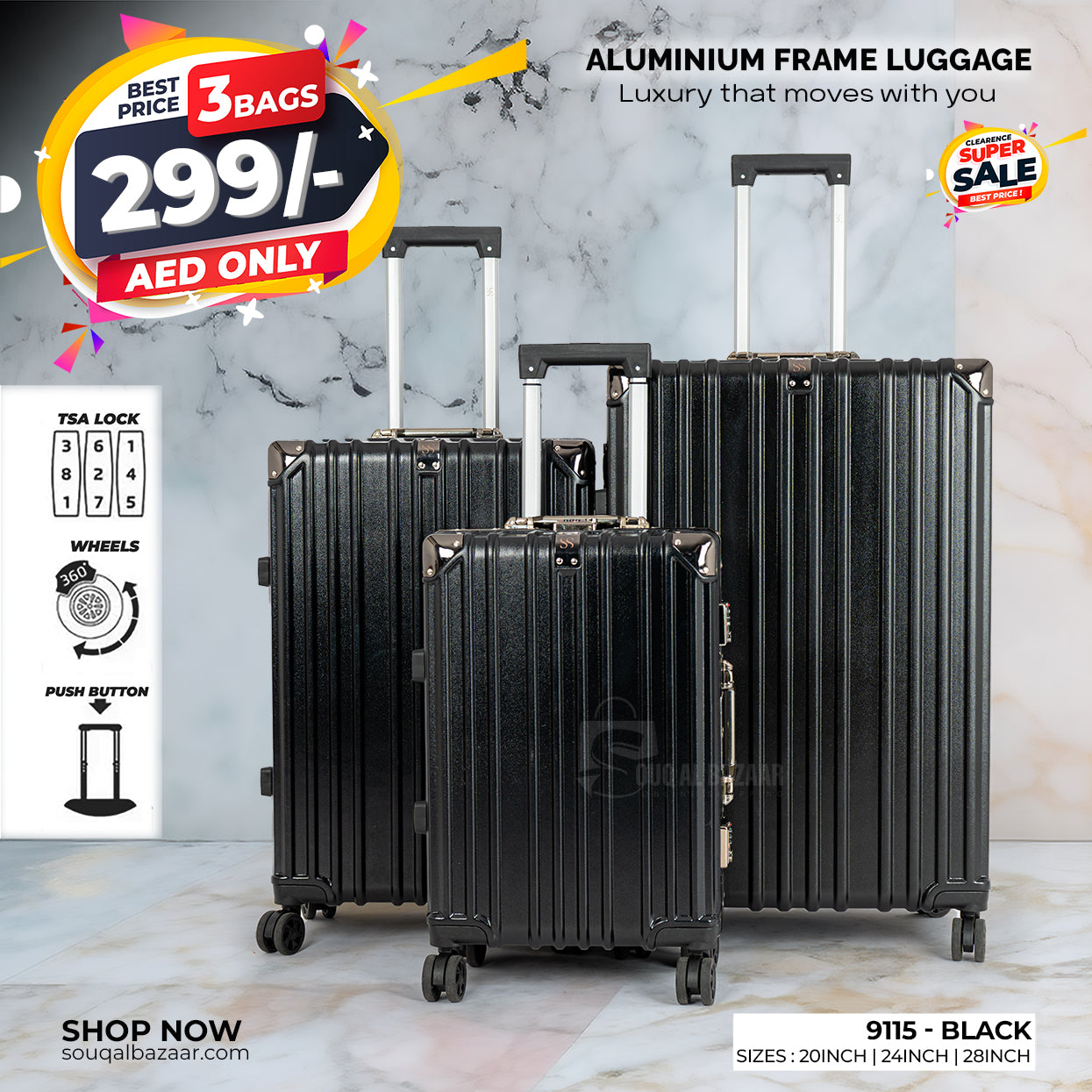 Aluminum Frame PC Hard Case Luggage with 4 Quite 360° Double Spinner wheels