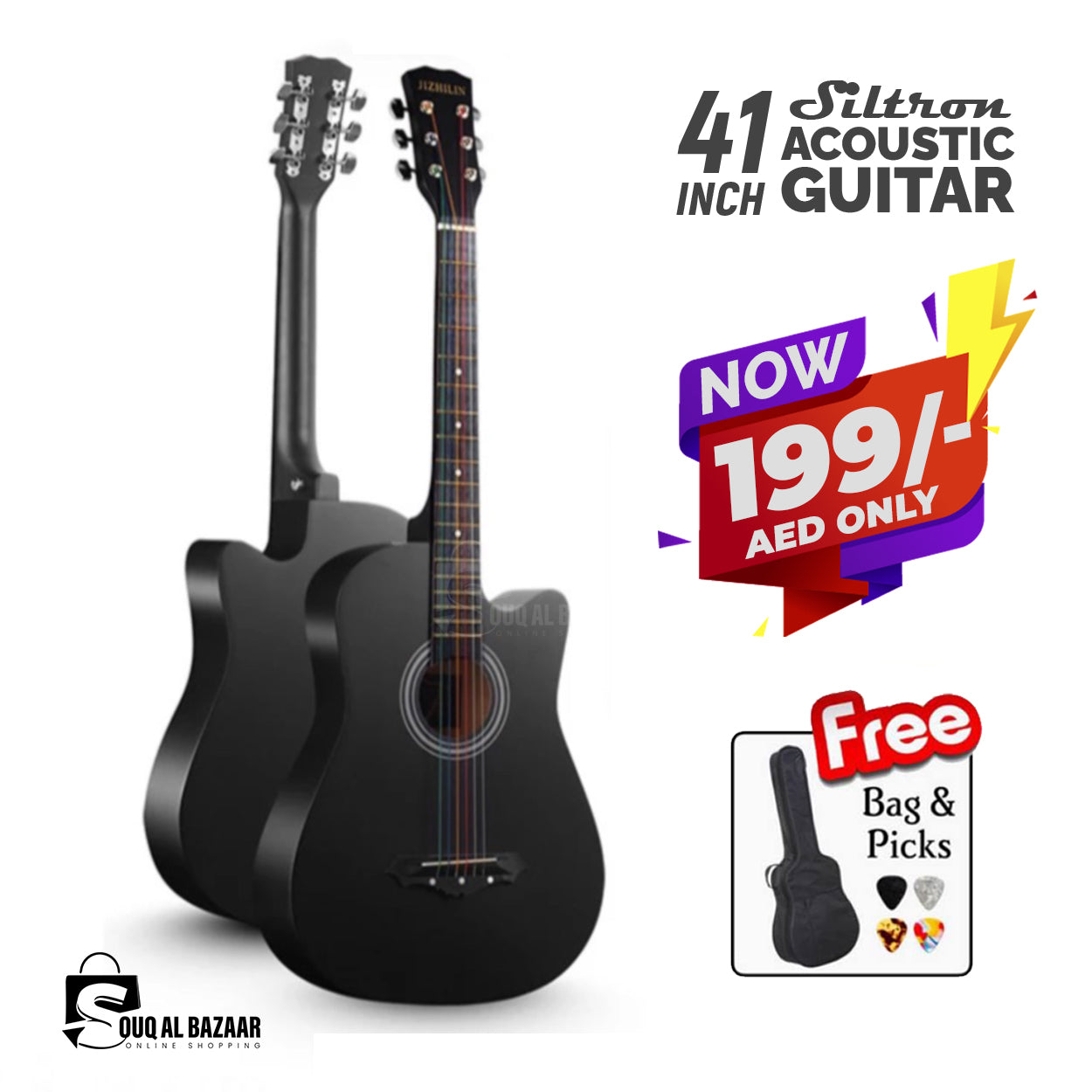 41 Inch Acoustic Guitar Folk Guitar 6 Strings Basswood with Bag and Picks