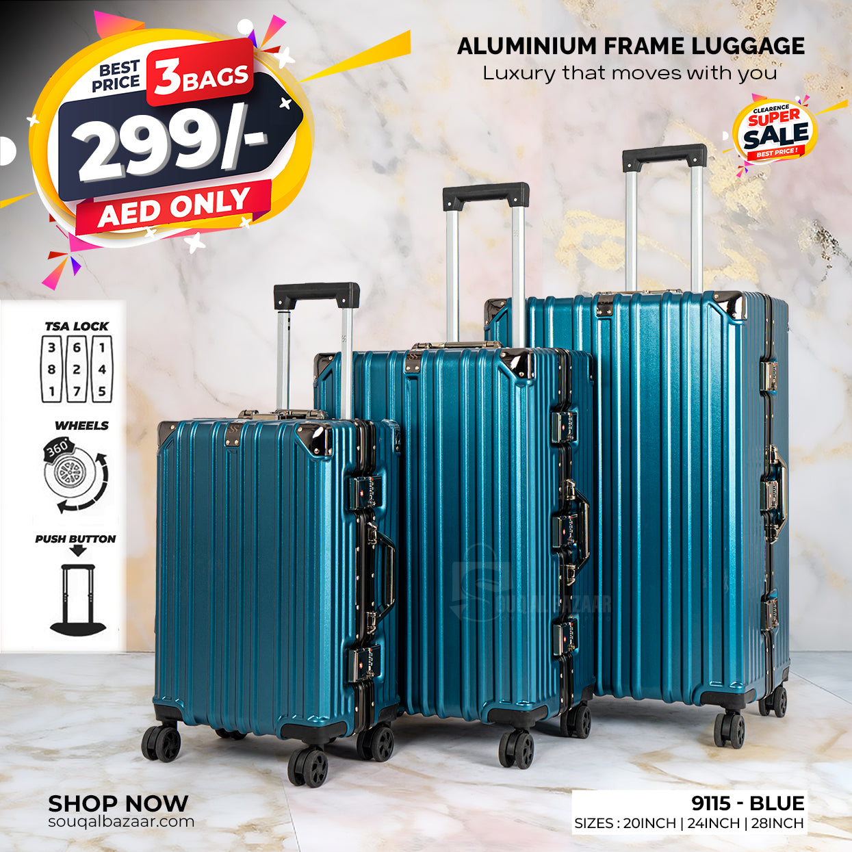 Aluminum Frame PC Hard Case Luggage with 4 Quite 360° Double Spinner wheels