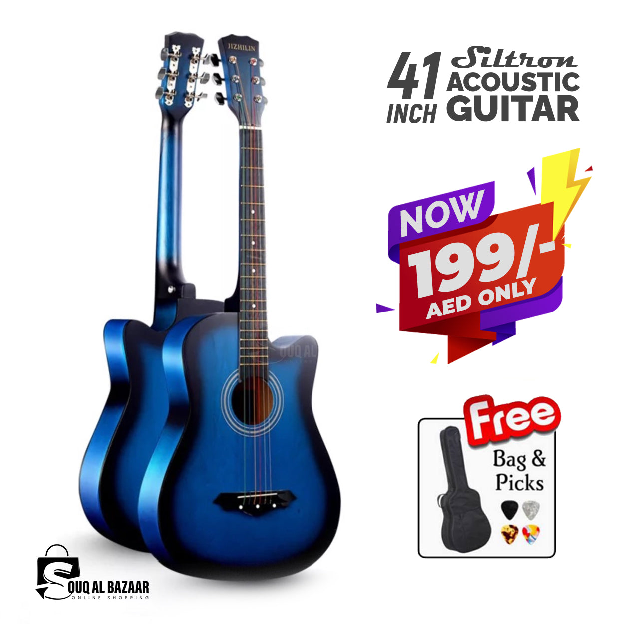 41 Inch Acoustic Guitar Folk Guitar 6 Strings Basswood with Bag and Picks