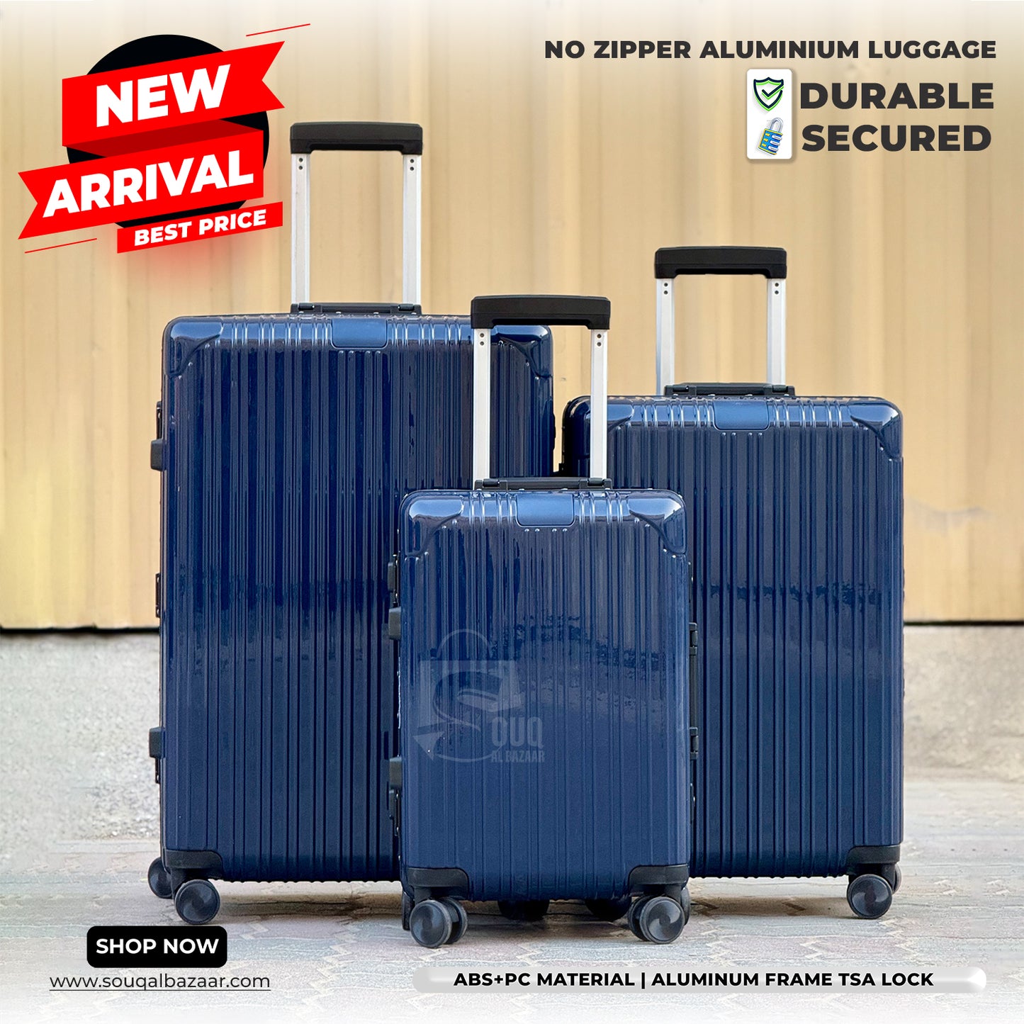 Luxury Aluminum Frame PC Luggage Bags 360° Double Spinner wheels No Zipper