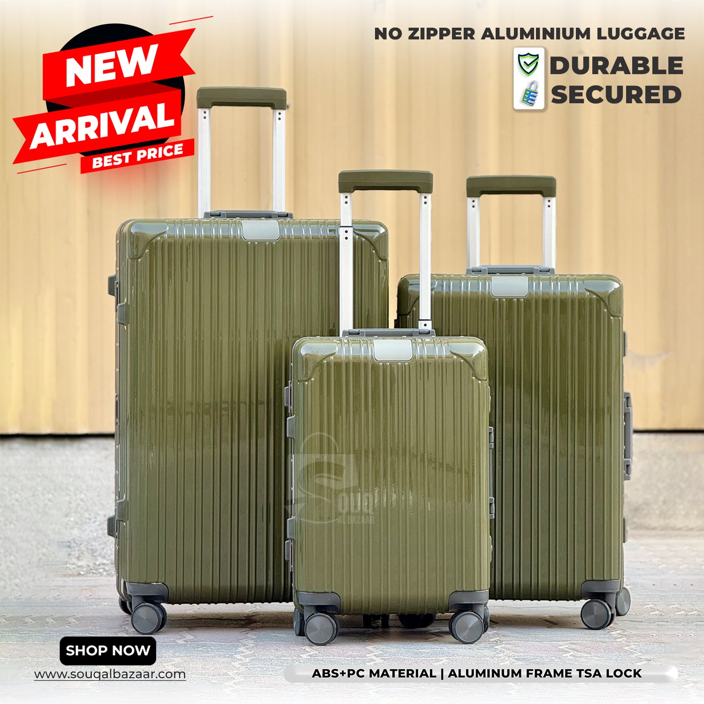 Luxury Aluminum Frame PC Luggage Bags 360° Double Spinner wheels No Zipper