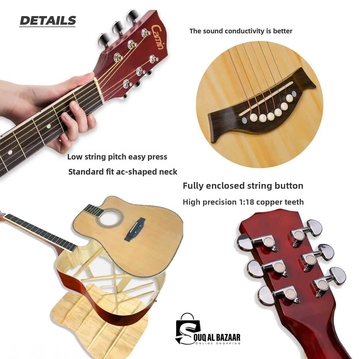 41 Inch Acoustic Guitar Folk Guitar 6 Strings Basswood with Bag and Picks