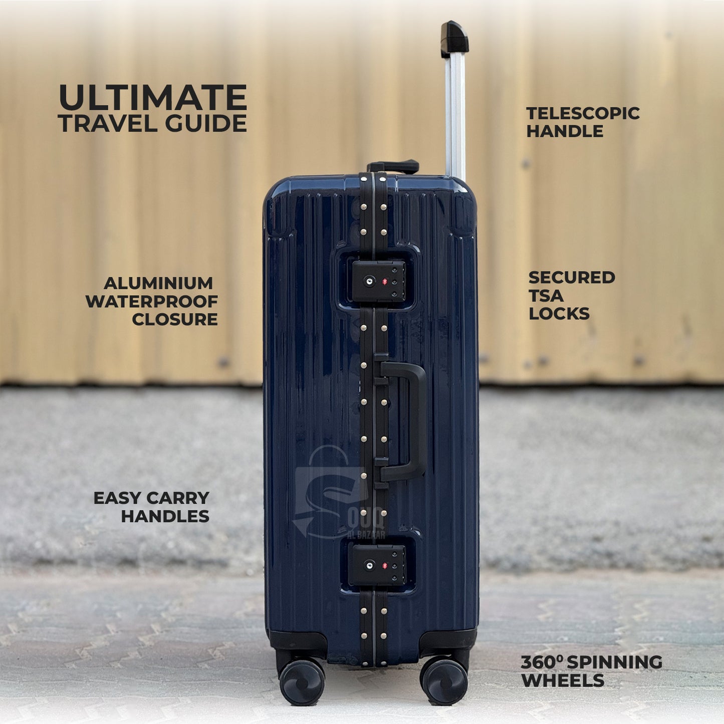 Luxury Aluminum Frame PC Luggage Bags 360° Double Spinner wheels No Zipper