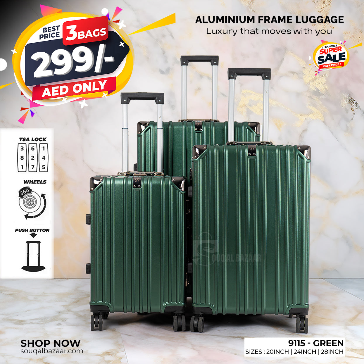 Aluminum Frame PC Hard Case Luggage with 4 Quite 360° Double Spinner wheels