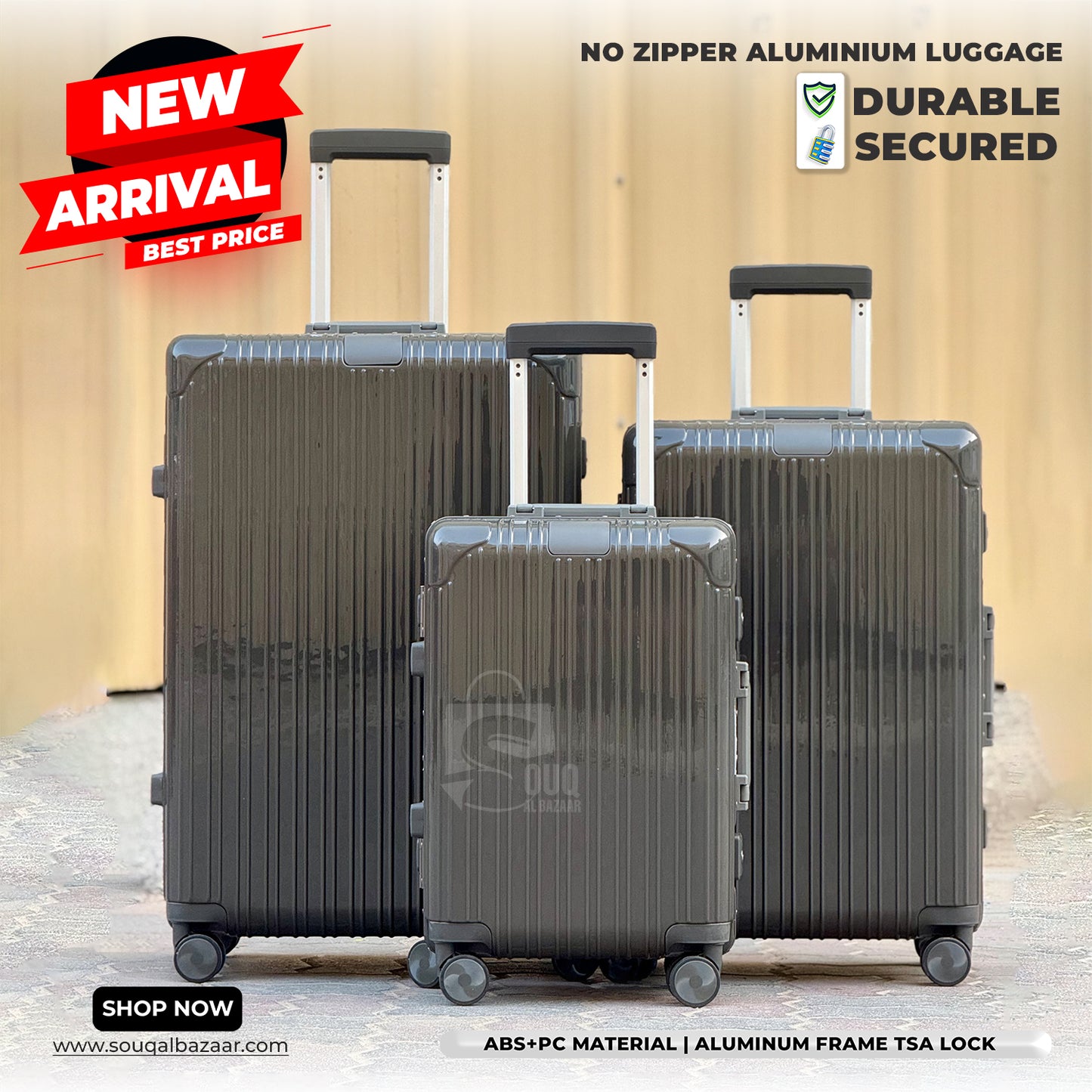 Luxury Aluminum Frame PC Luggage Bags 360° Double Spinner wheels No Zipper