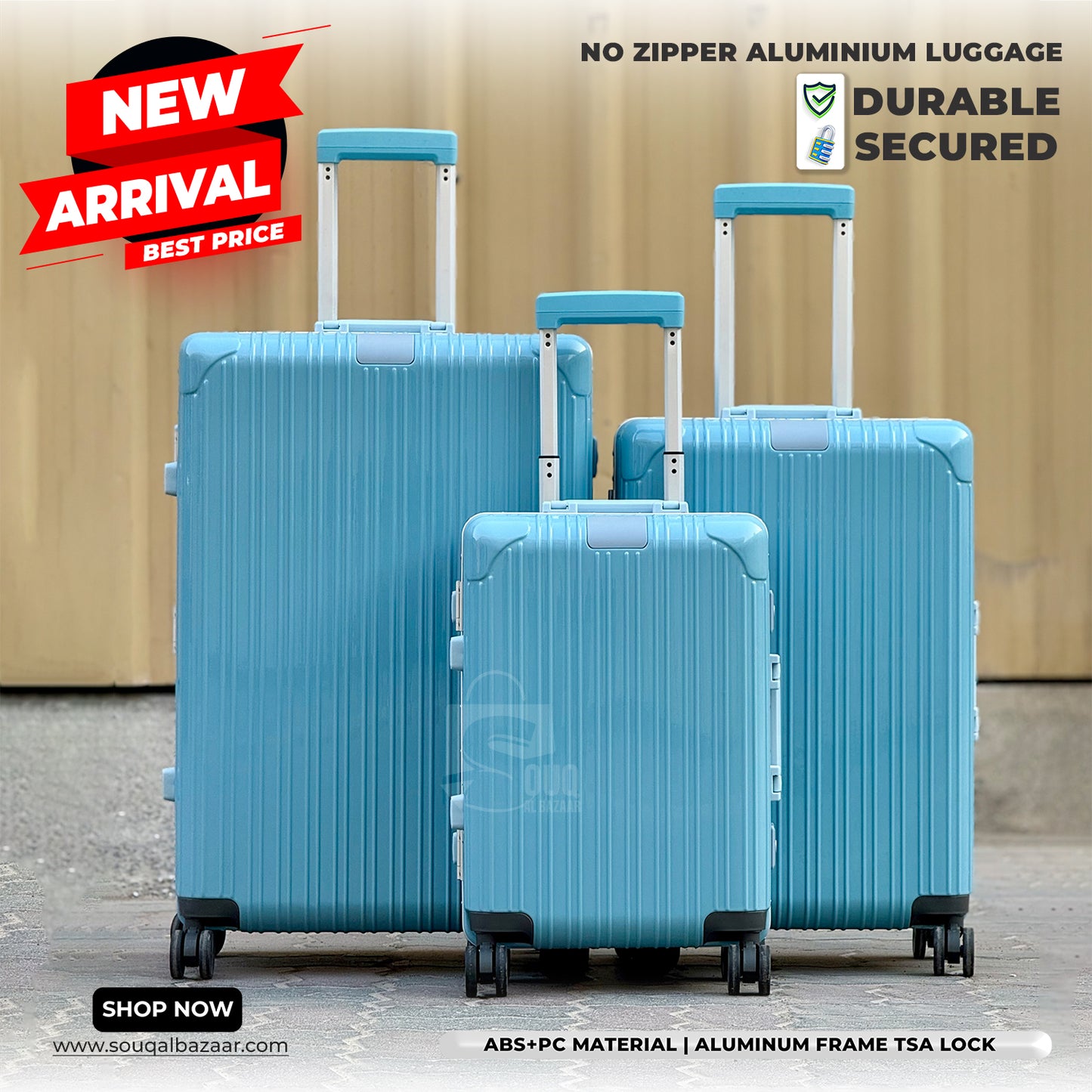 Luxury Aluminum Frame PC Luggage Bags 360° Double Spinner wheels No Zipper