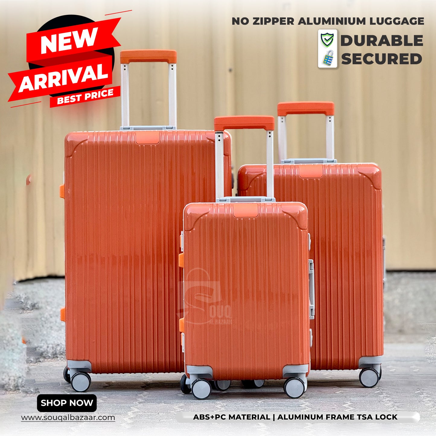 Luxury Aluminum Frame PC Luggage Bags 360° Double Spinner wheels No Zipper
