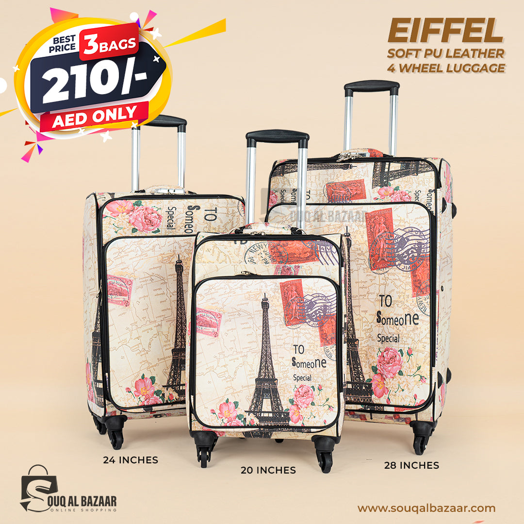 Eiffel PU Leather 4 Wheel Durable Lightweight 3-Piece Travel Luggage Set