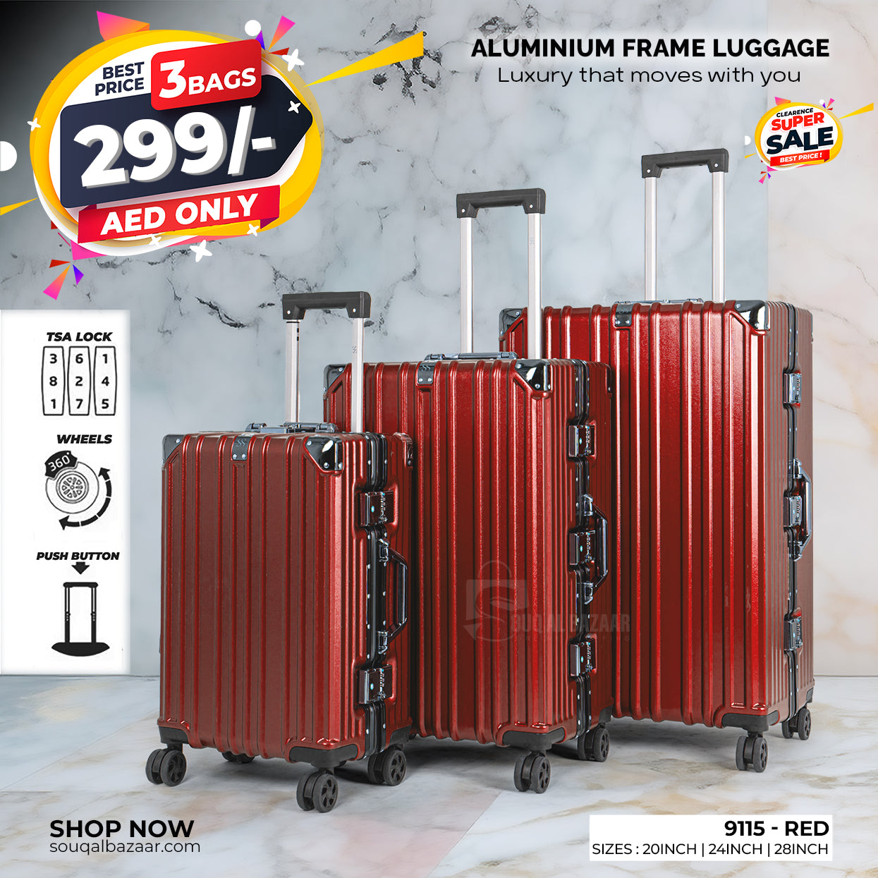 Aluminum Frame PC Hard Case Luggage with 4 Quite 360° Double Spinner wheels