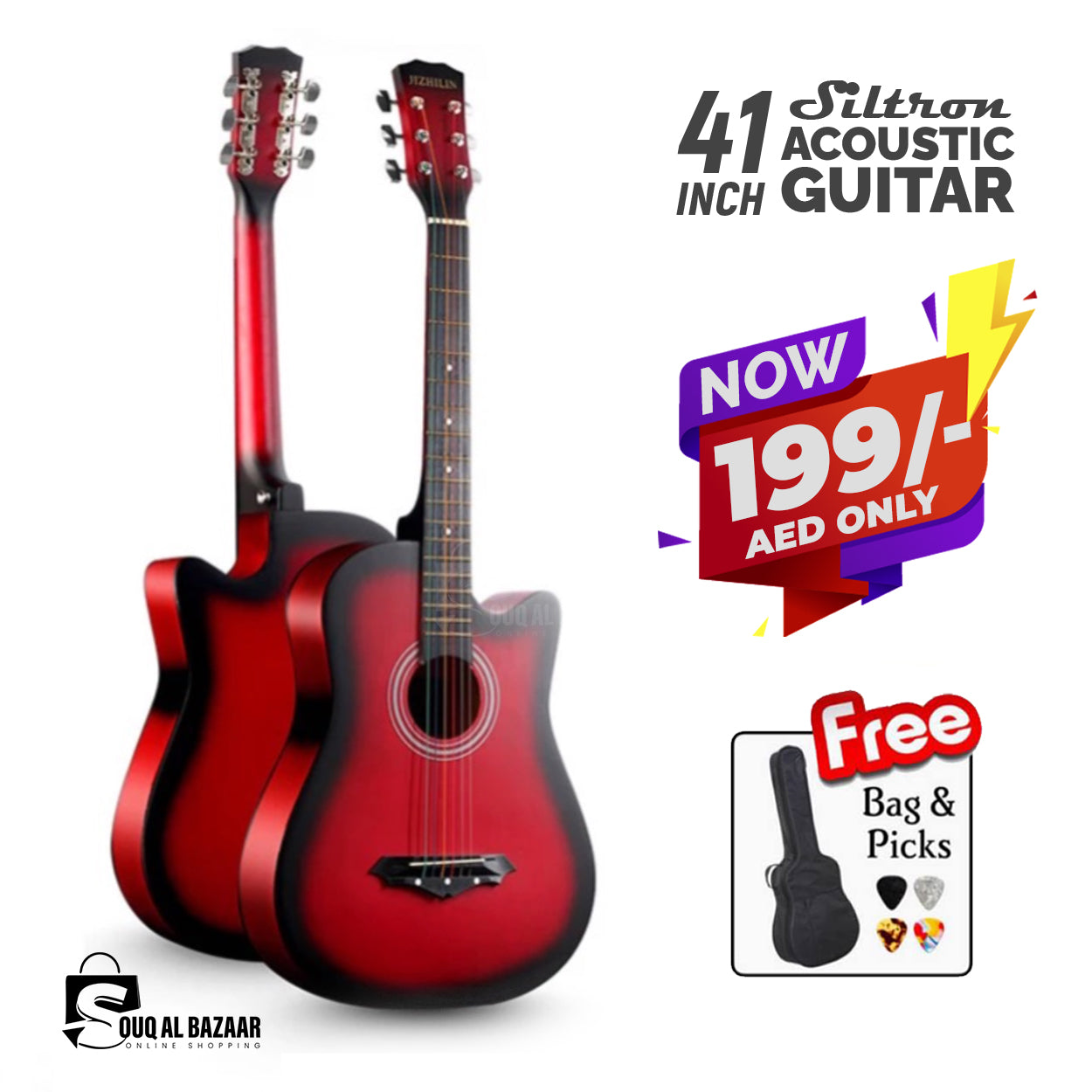 41 Inch Acoustic Guitar Folk Guitar 6 Strings Basswood with Bag and Picks