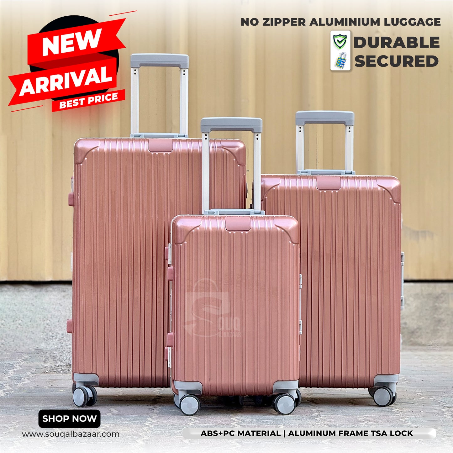 Luxury Aluminum Frame PC Luggage Bags 360° Double Spinner wheels No Zipper
