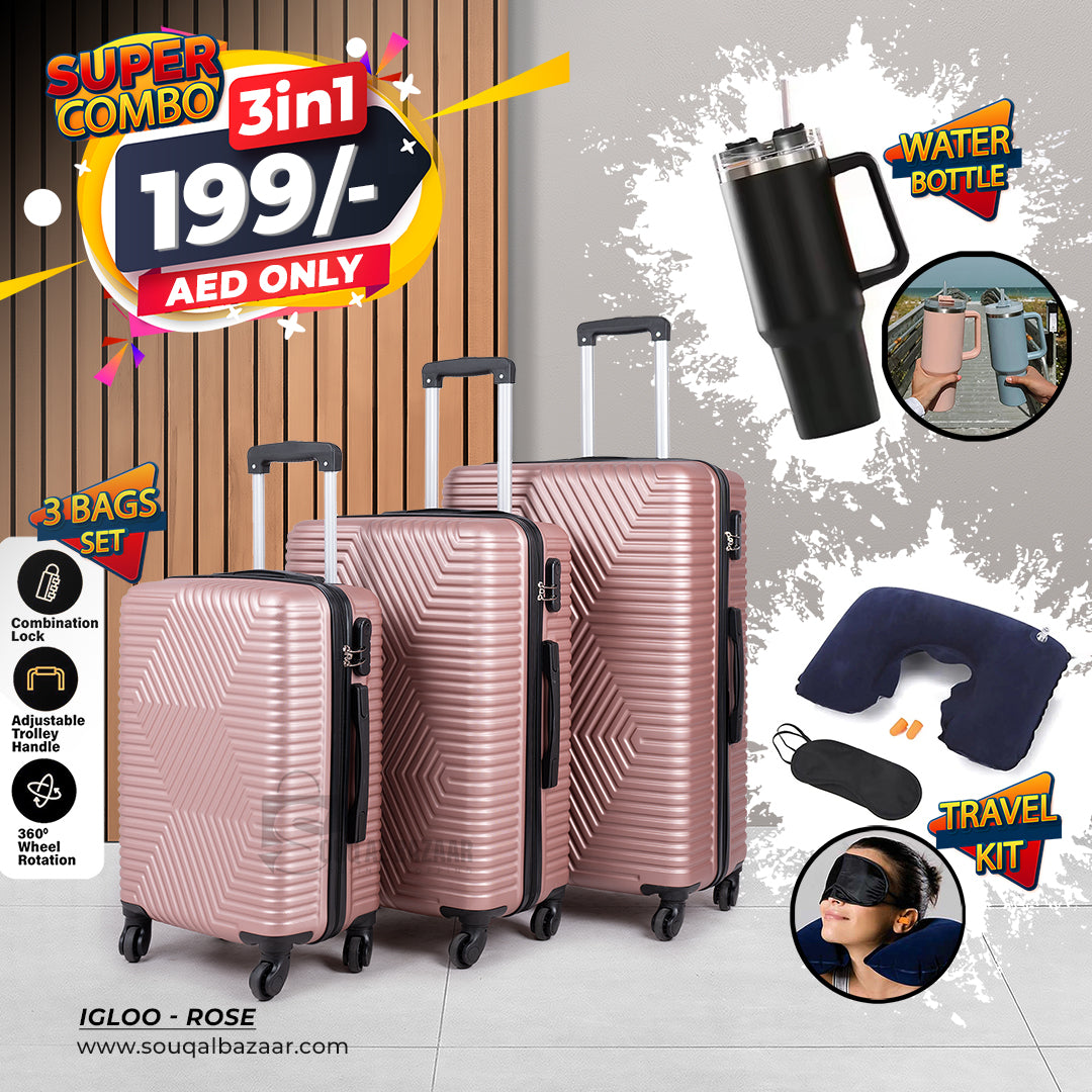 Super Combo 3 Bags Light Weight ABS With Water Bottle & Travel Kit