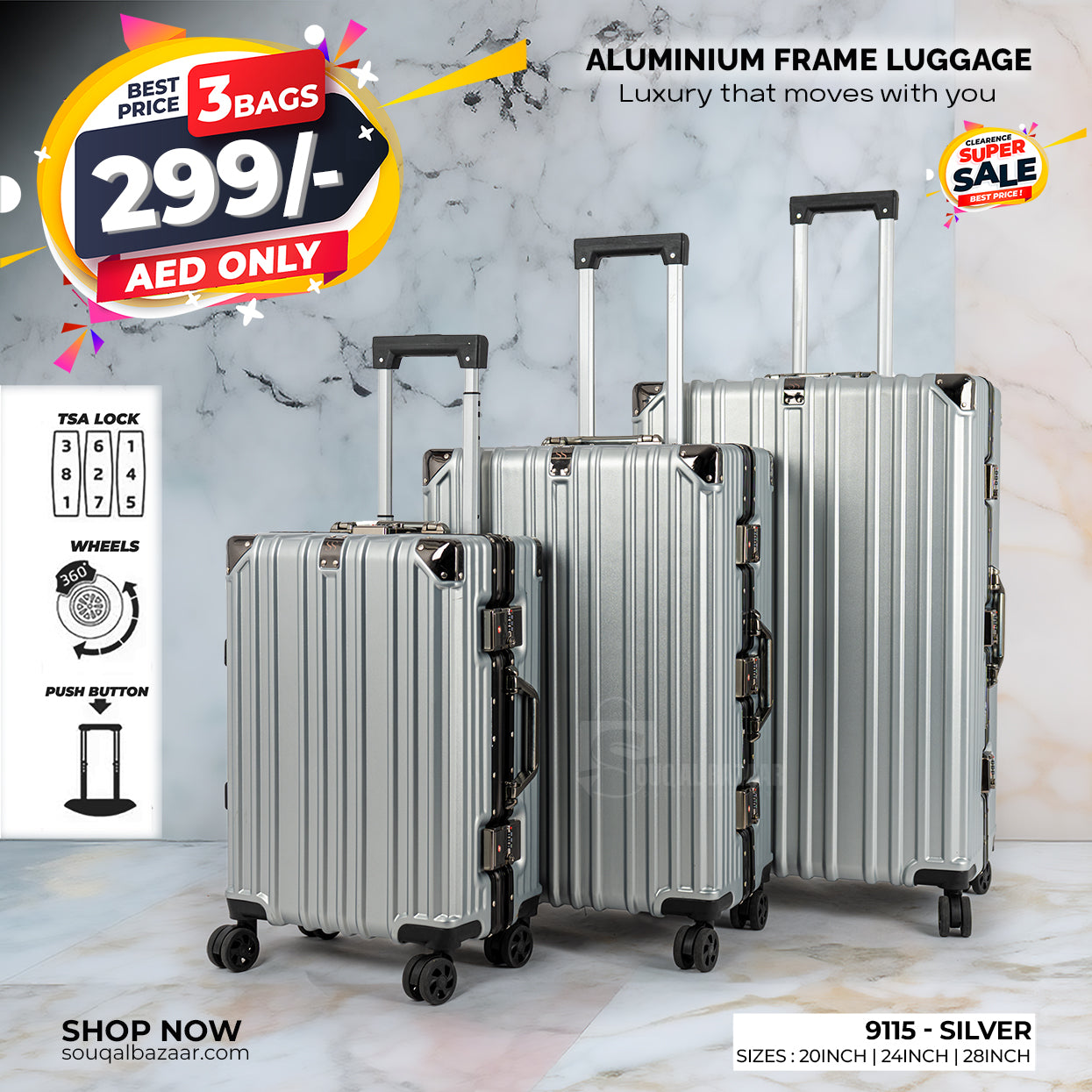 Aluminum Frame PC Hard Case Luggage with 4 Quite 360° Double Spinner wheels