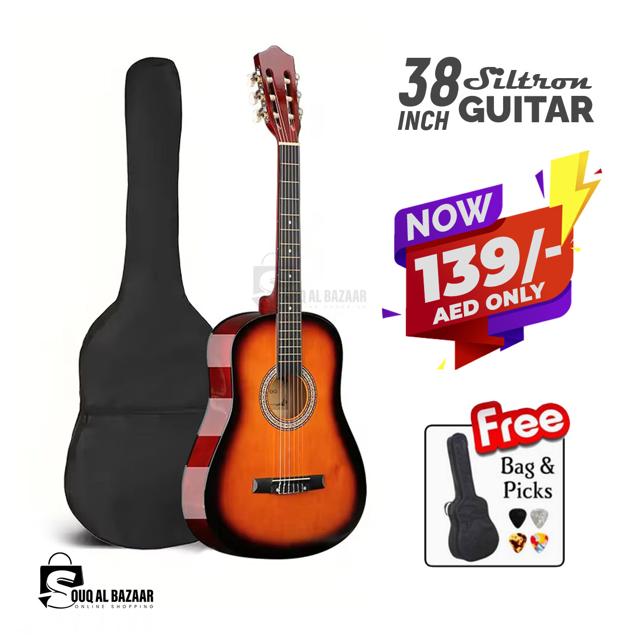 38inch Siltron Classic Guitar with Guitar Backpack & Pick. Suitable for Beginners to Professionals