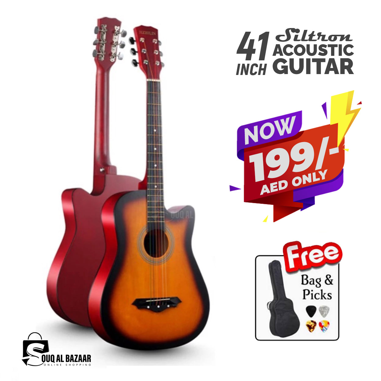 41 Inch Acoustic Guitar Folk Guitar 6 Strings Basswood with Bag and Picks