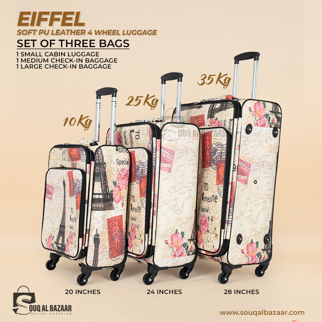 Eiffel PU Leather 4 Wheel Durable Lightweight 3-Piece Travel Luggage Set