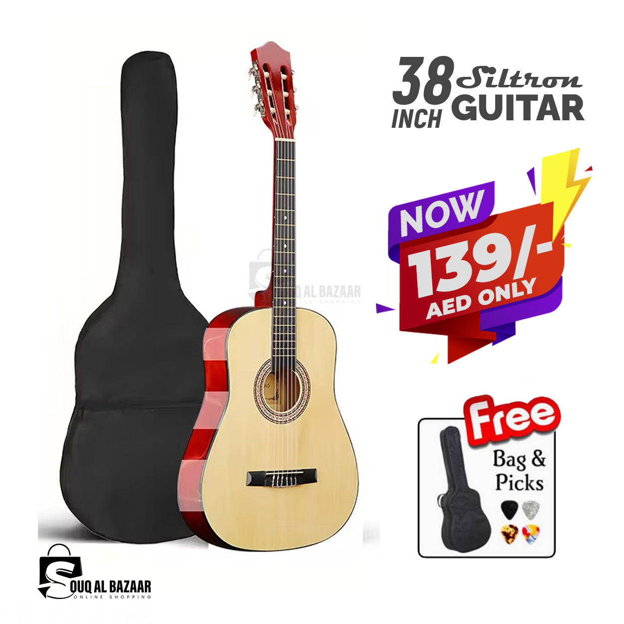 38inch Siltron Classic Guitar with Guitar Backpack & Pick. Suitable for Beginners to Professionals