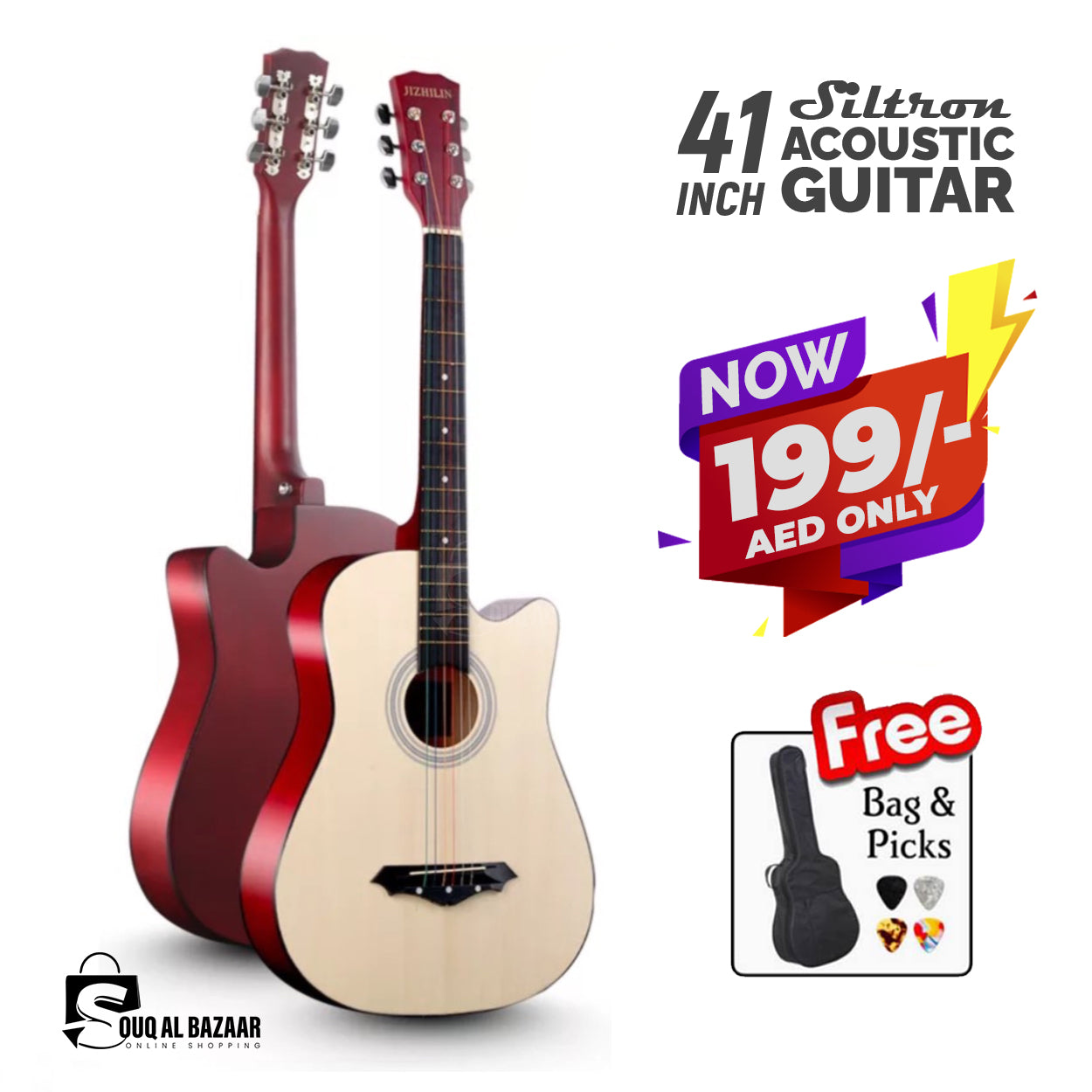 41 Inch Acoustic Guitar Folk Guitar 6 Strings Basswood with Bag and Picks