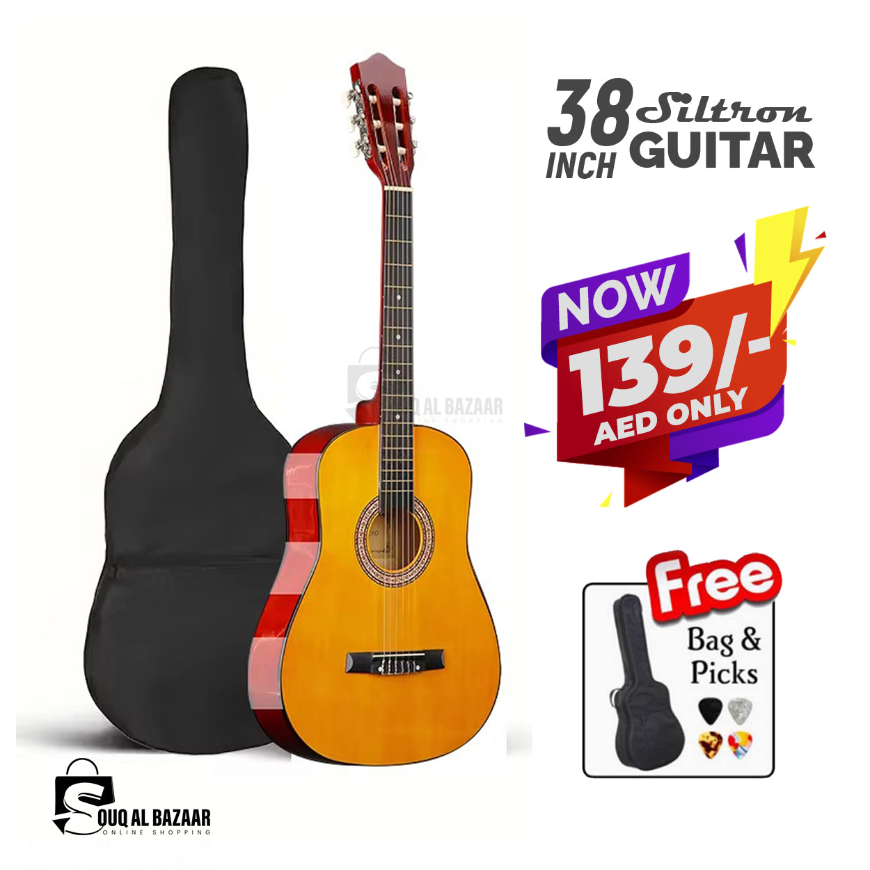 38inch Siltron Classic Guitar with Guitar Backpack & Pick. Suitable for Beginners to Professionals