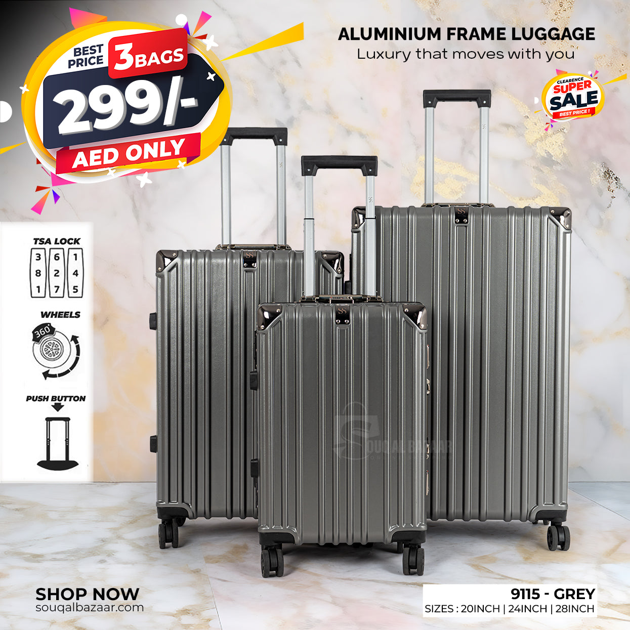 Aluminum Frame PC Hard Case Luggage with 4 Quite 360° Double Spinner wheels