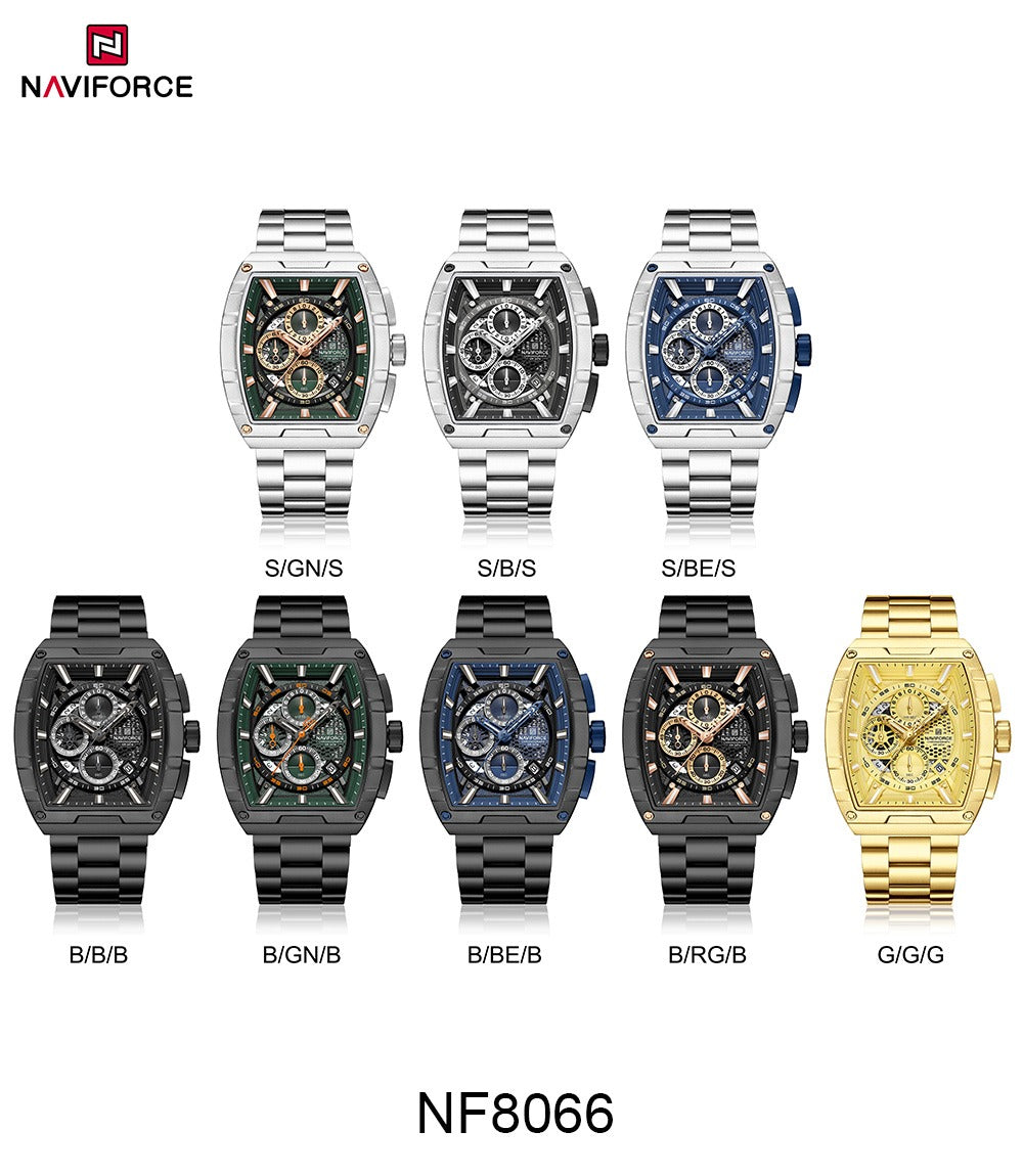 NAVIFORCE NF8066 Men’s Fashion Sports Quartz Chronograph Watch, Luminous Hollow Dial, Waterproof, with Date and Stopwatch Function
