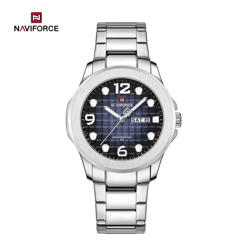 NAVIFORCE NF9244 Men’s Round Classic Watch, Japanese Quartz Calendar Watch, Stainless Steel