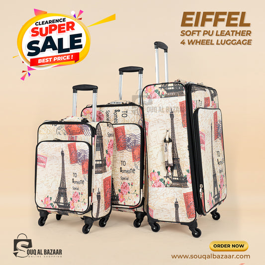 Eiffel PU Leather 4 Wheel Durable Lightweight 3-Piece Travel Luggage Set