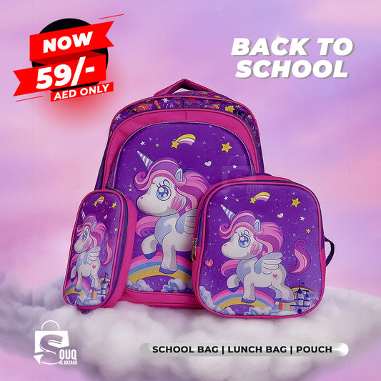 Princess Unicorn Backpack 3pcs Set Kid Child Schoolbag Pencil case Lunch bag