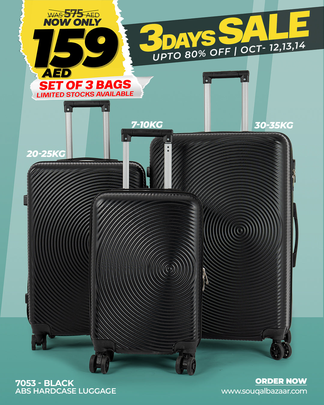 Double Plus ABS Hardcase Travel Luggage Set of 3 Bag Souq Al Bazaar