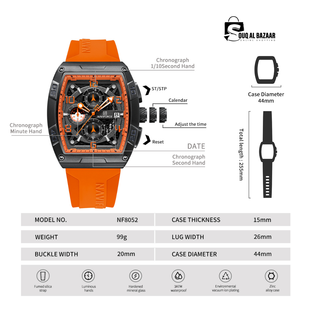 NAVIFORCE NF8052 Barrel-Shaped Case Waterproof Luminous Quartz Multifunction Men’s Watch (Copy)