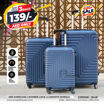 3 Bags Chrome Light Weight ABS Hardcase Travel Luggage