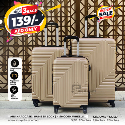 3 Bags Chrome Light Weight ABS Hardcase Travel Luggage