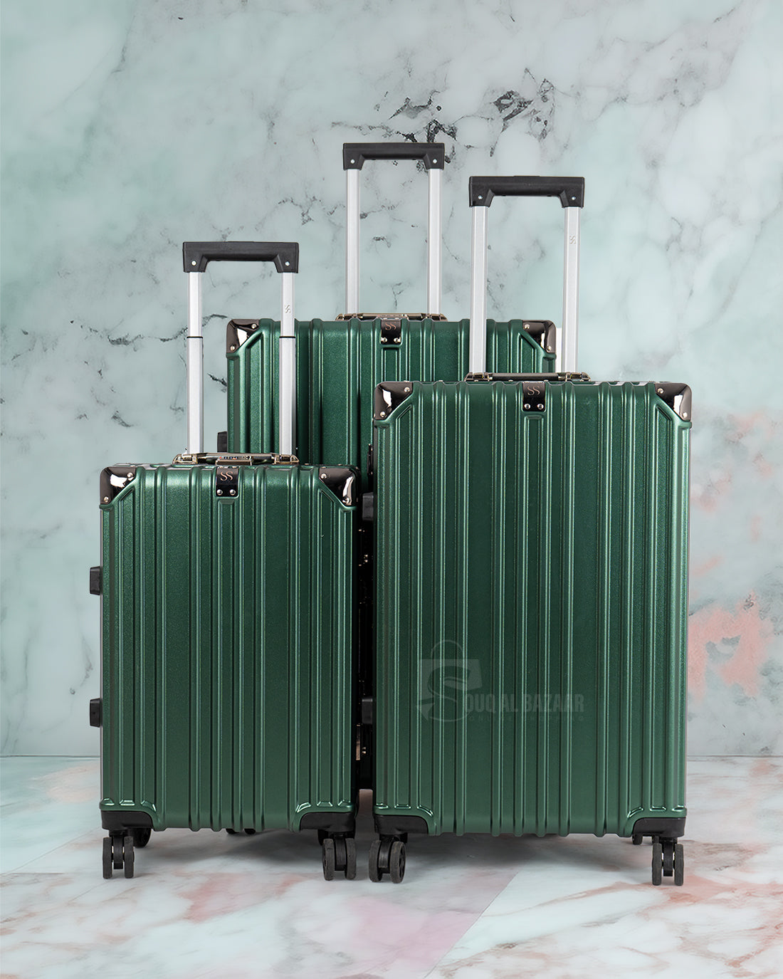 Set of Three Bags Aluminum Frame Polycarbonate Hard Case  with 4 Quite 360° Double Spinner wheels