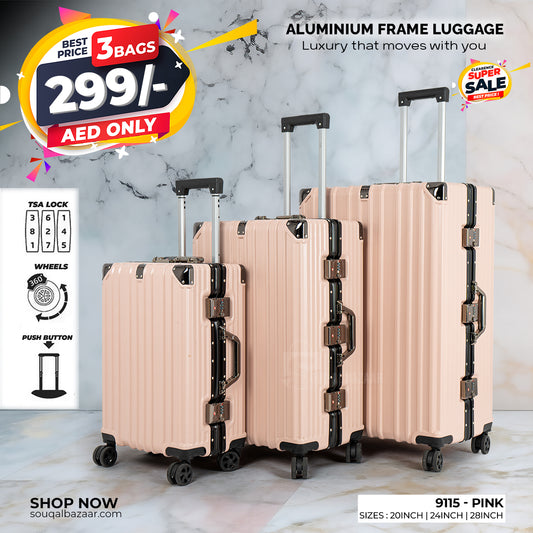 Light Weight Aluminum Frame Fashion Trolley Luggage Polycarbonate 3 Hard Case Suitcase with 4 Quite 360° Double Spinner wheels