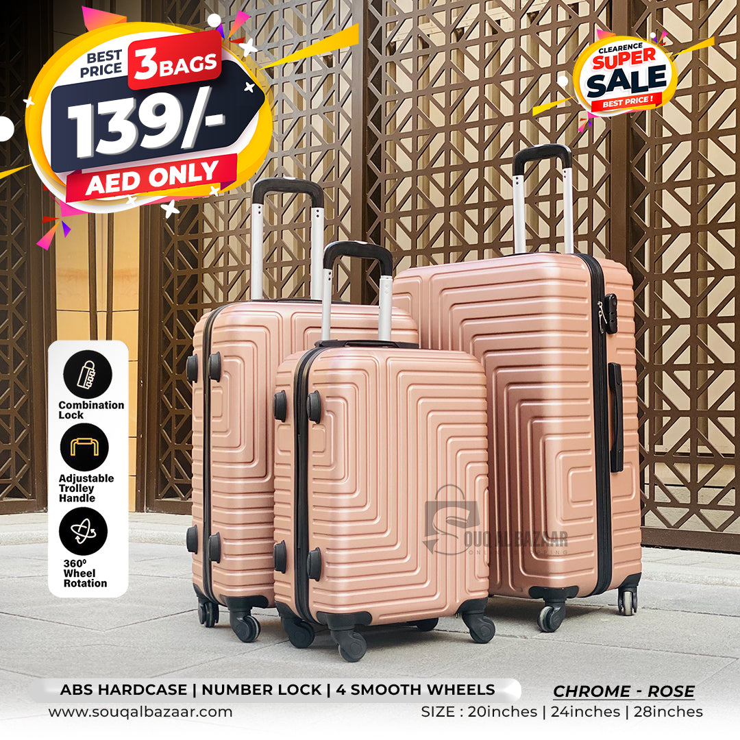 3 Bags Chrome Light Weight ABS Hardcase Travel Luggage