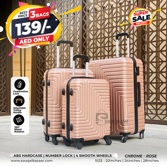 3 Bags Chrome Light Weight ABS Hardcase Travel Luggage