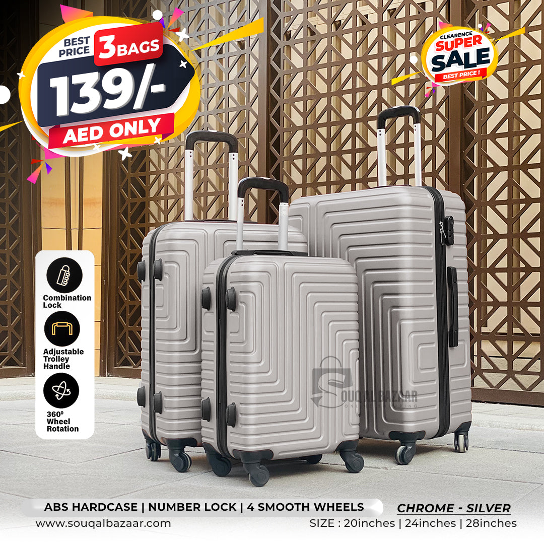3 Bags Chrome Light Weight ABS Hardcase Travel Luggage
