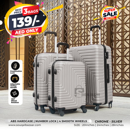 3 Bags Chrome Light Weight ABS Hardcase Travel Luggage