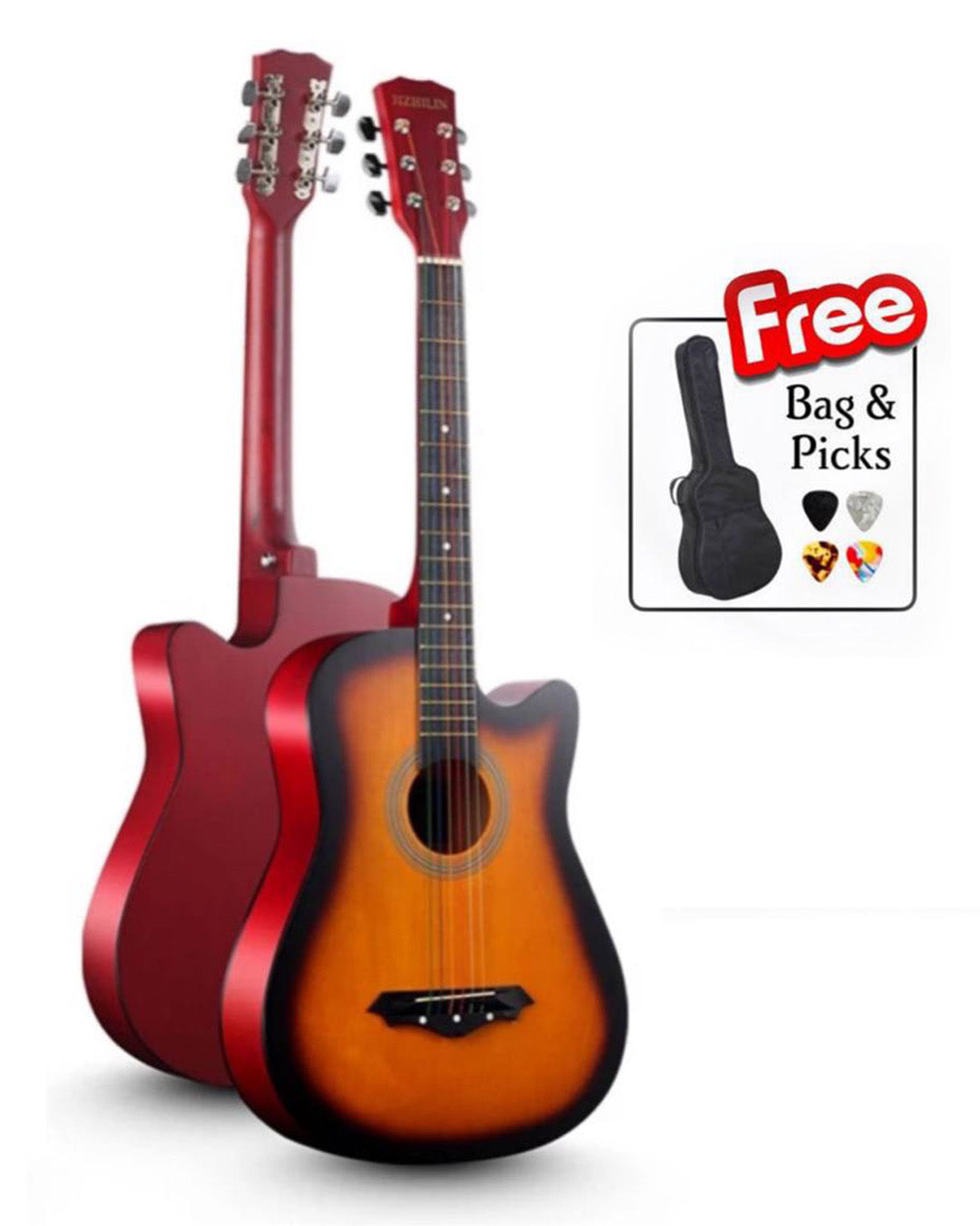 Beginner's 38-Inch Acoustic Folk Guitar – 6 String, Basswood, with Bag & Picks