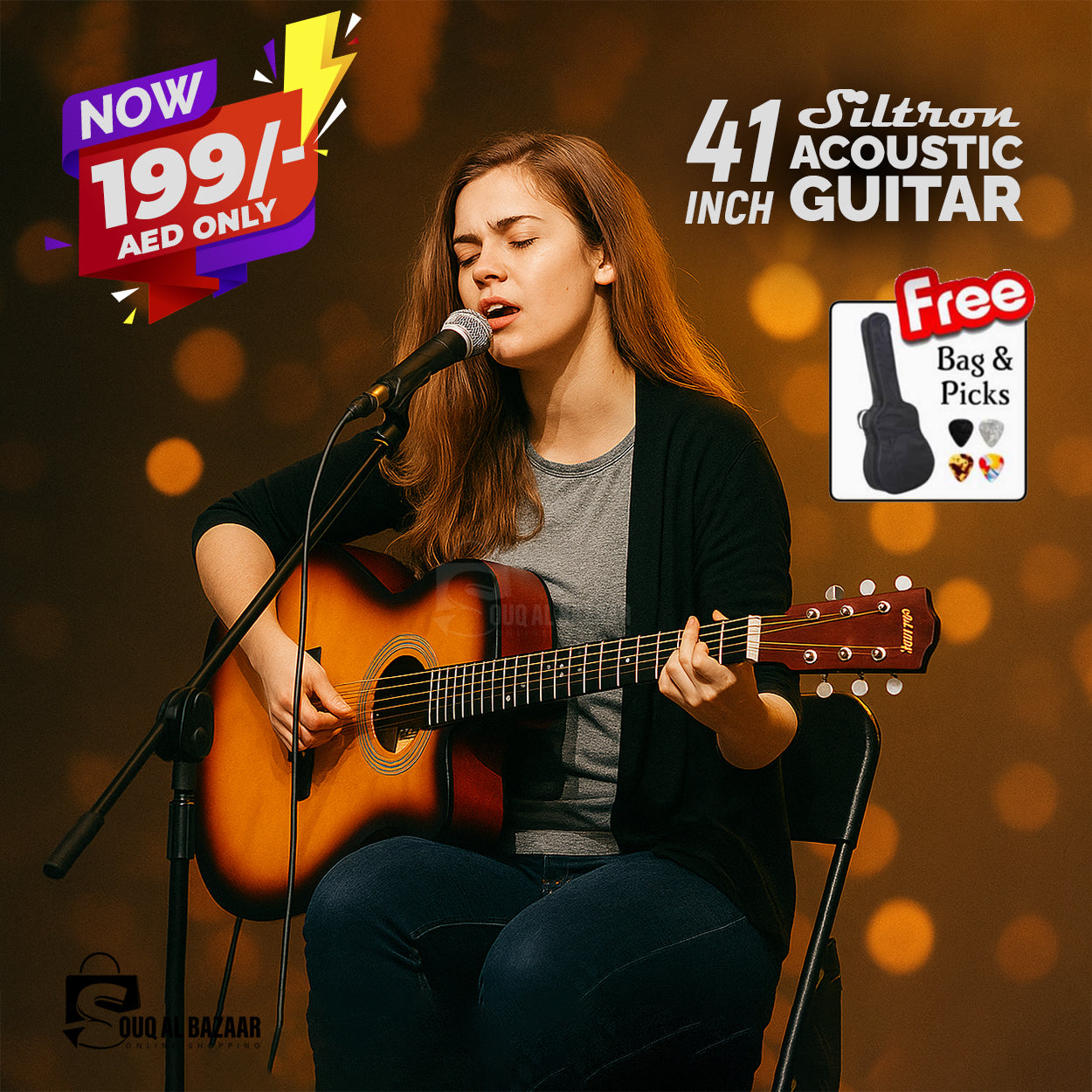 41  Inch Acoustic Guitar Folk Guitar for Beginners 6 Strings Basswood with Bag and Picks