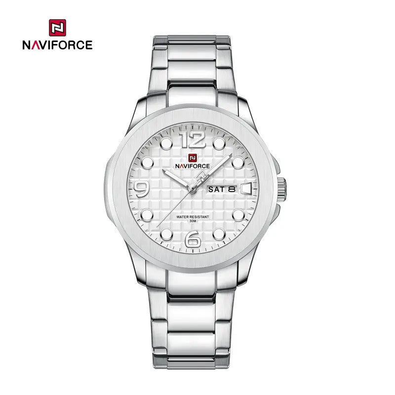 NAVIFORCE NF9244 Men’s Round Classic Watch, Japanese Quartz Calendar Watch, Stainless Steel