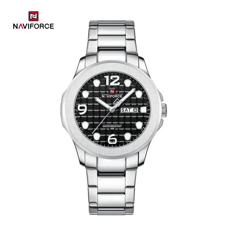 NAVIFORCE NF9244 Men’s Round Classic Watch, Japanese Quartz Calendar Watch, Stainless Steel