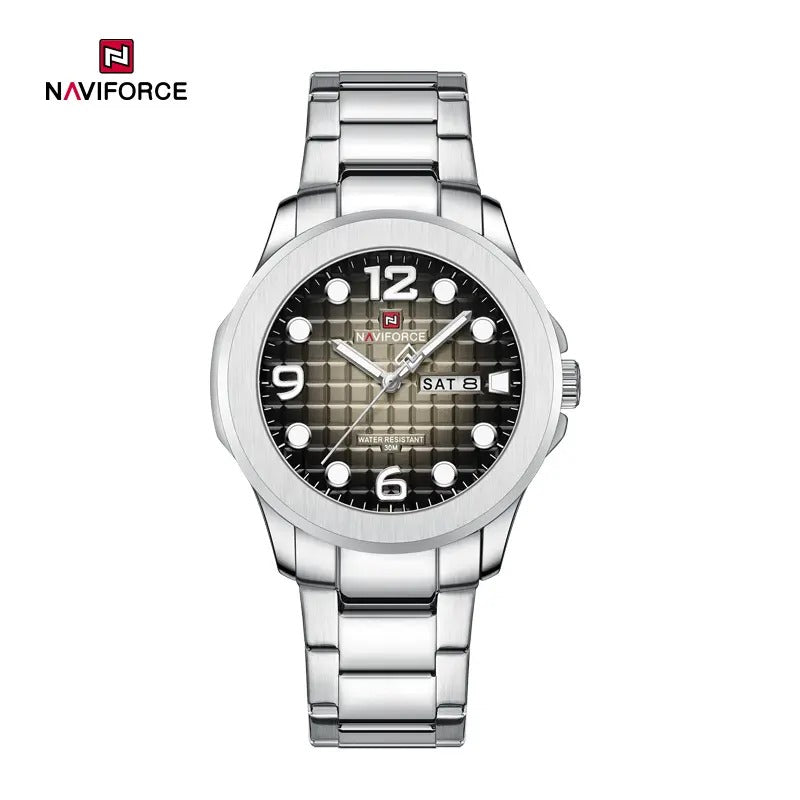 NAVIFORCE NF9244 Men’s Round Classic Watch, Japanese Quartz Calendar Watch, Stainless Steel