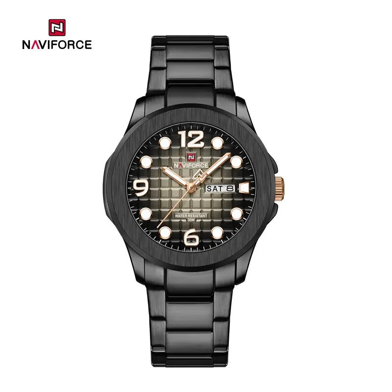 NAVIFORCE NF9244 Men’s Round Classic Watch, Japanese Quartz Calendar Watch, Stainless Steel