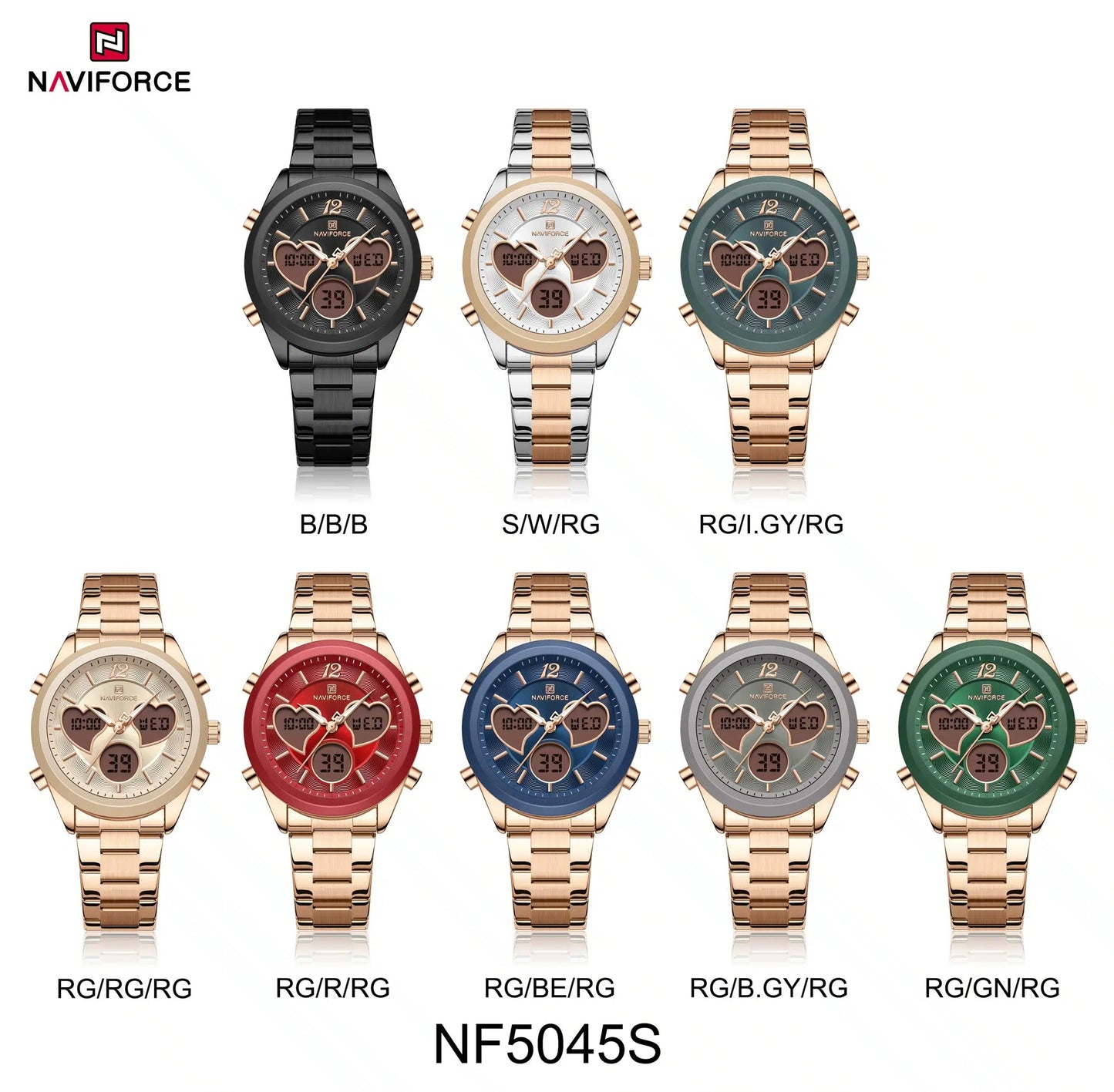 NAVIFORCE NF5045S Women’s Elegant Heart Watch, Stainless Steel, Japanese Quartz Movement, Waterproof Watch