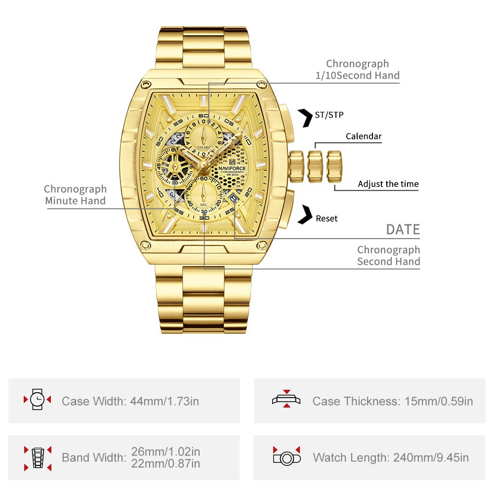 NAVIFORCE NF8066 Men’s Fashion Sports Quartz Chronograph Watch, Luminous Hollow Dial, Waterproof, with Date and Stopwatch Function